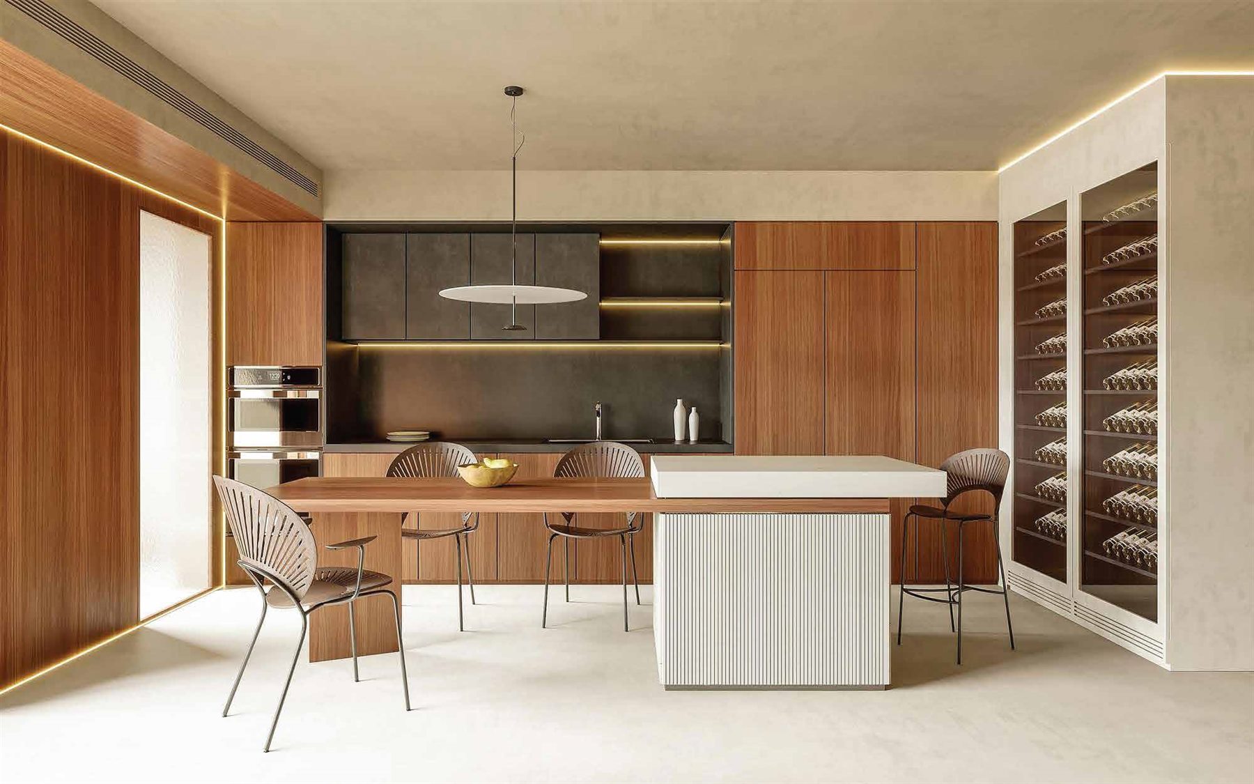 Kitchen with woodgrain and black HPL laminate cabinets
